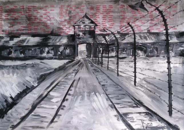 Auschwitz, obraz, vajecna tempera 80x60